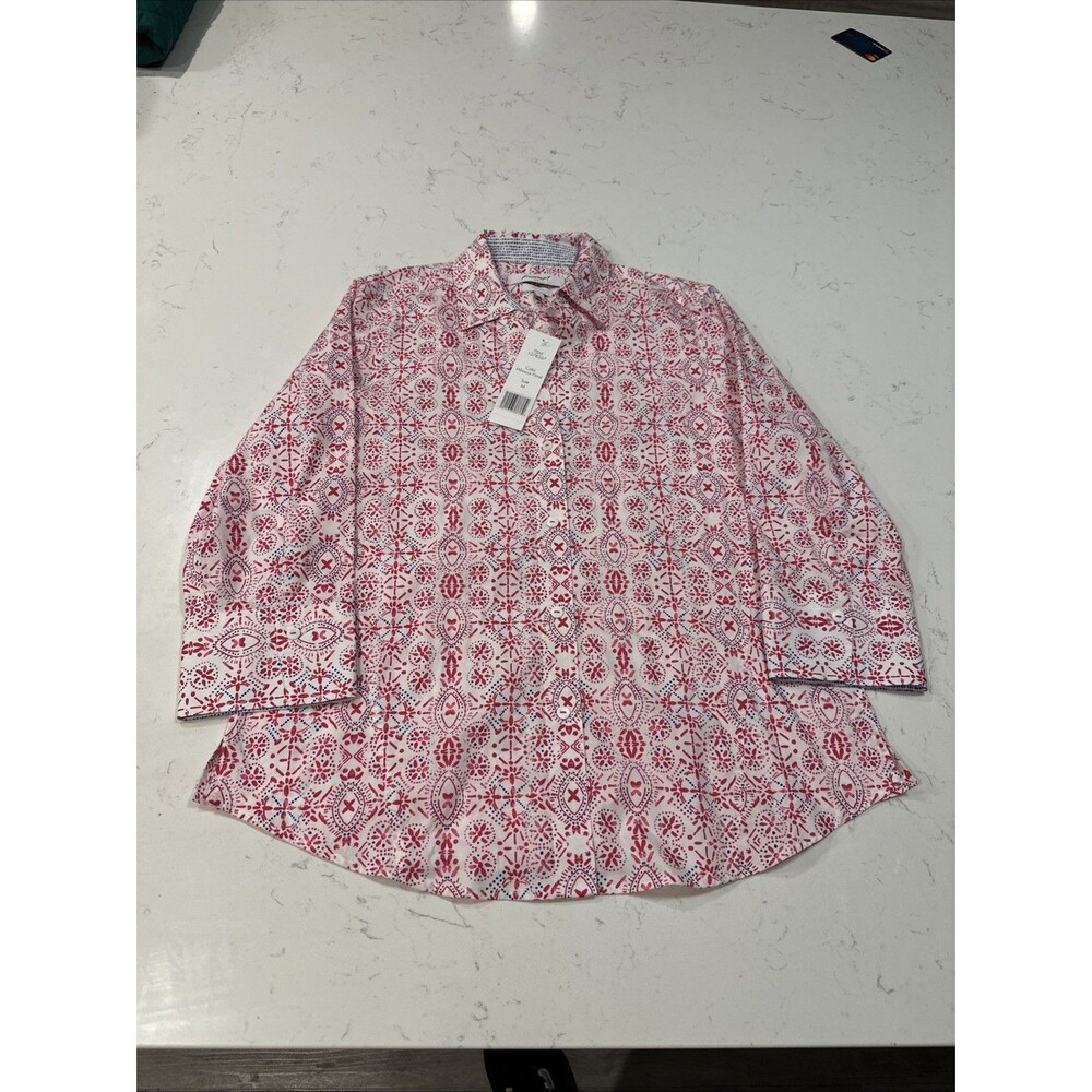 Foxcroft Womens Shirt Button Up White Pink Blue Easy Care 3/4 Sleeve Size M